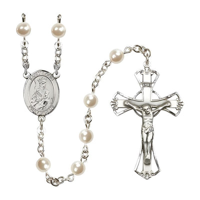 St. Louis IX of France 6mm Pearl Catholic Rosary with Pewter Centerpiece and Crucifix, Bliss Manufacturing