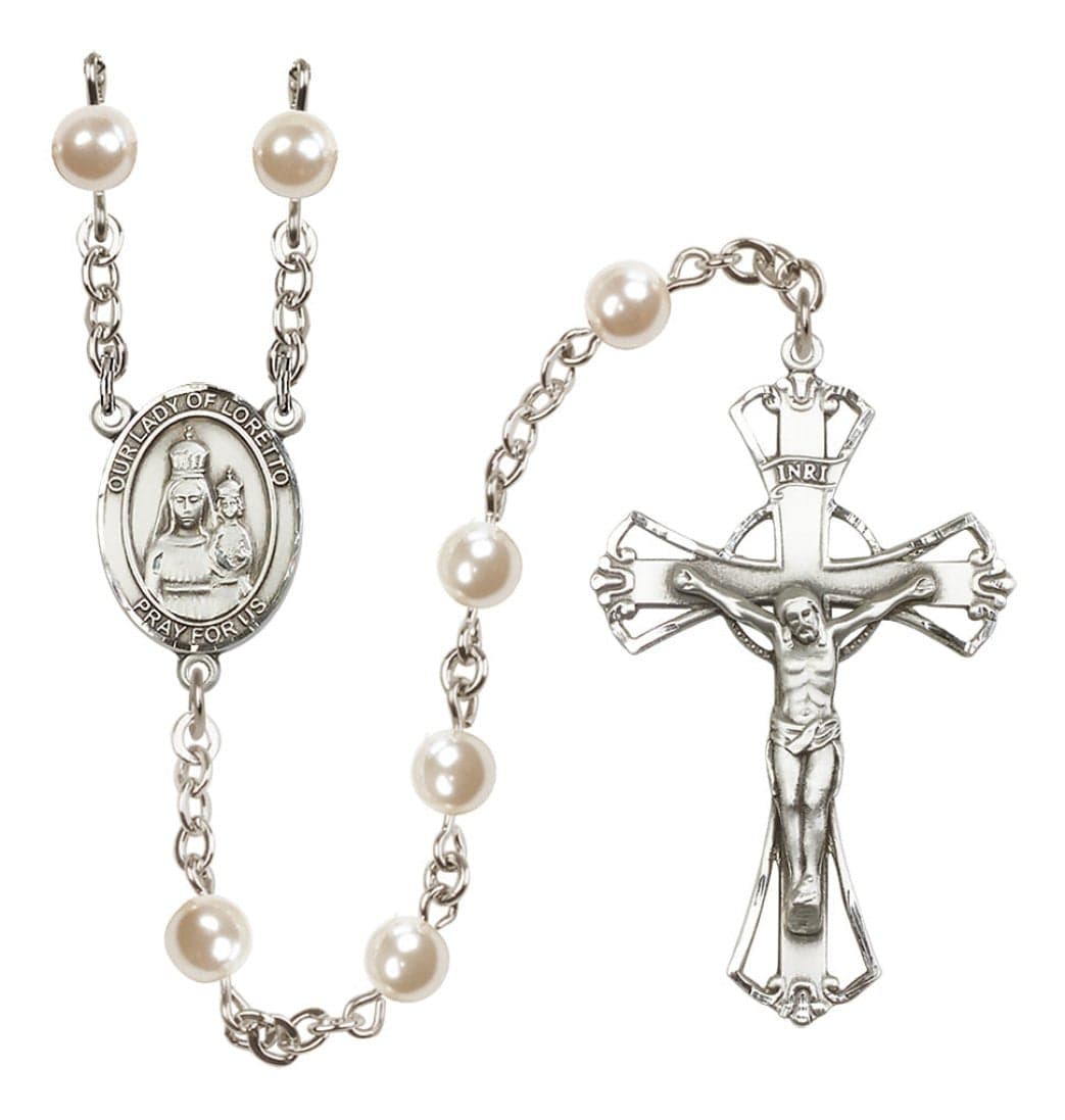 Bliss Silver Plated 6mm Cream, Imitation Pearl Our Lady of Loretto Rosary,