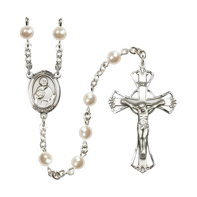 St. Philip the Apostle 6mm Pearl Silver-plated Rosary with Pewter Centerpiece and Crucifix, Bliss Manufacturing