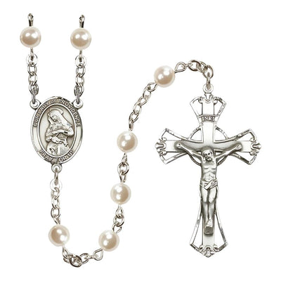 Our Lady of Providence 6mm Faux Pearl Catholic Rosary with pewter centerpiece and crucifix, handmade in the USA, Bliss Manufacturing