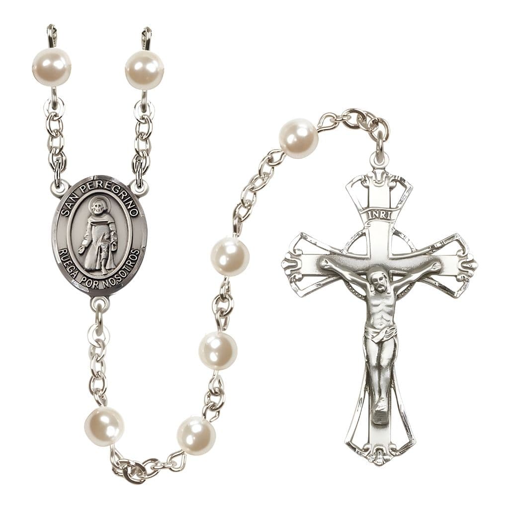 Spanish San Peregrino 6mm Pearl Silver-plated Rosary with Pewter Centerpiece and Crucifix, Made in USA by Bliss