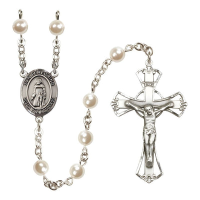 Spanish San Peregrino 6mm Pearl Silver-plated Rosary with Pewter Centerpiece and Crucifix, Bliss Manufacturing