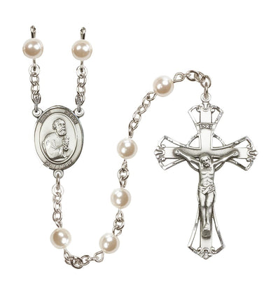 St Peter the Apostle 6mm Faux Pearl Bead Rosary, silver-plated, Bliss Manufacturing