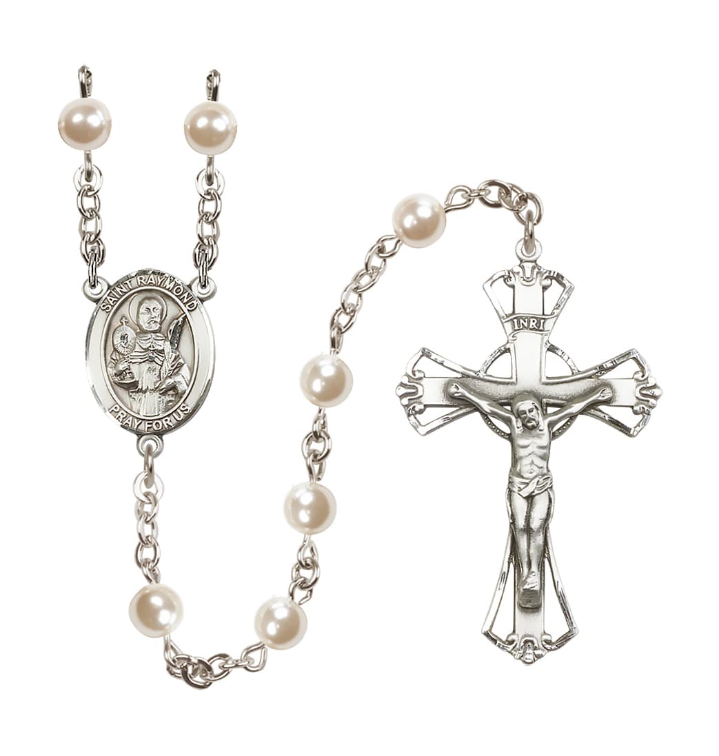 Bliss Silver Plated 6mm Cream, Imitation Pearl Saint Raymond Nonnatus Rosary,