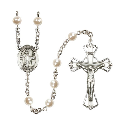 St. Richard 6mm Faux Pearl Silver-plated Catholic Rosary with Pewter Centerpiece and Crucifix, Made in USA, Bliss Manufacturing
