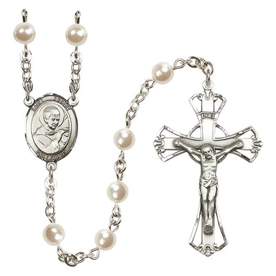 St. Robert Bellarmine 6mm Pearl Catholic Rosary with pewter centerpiece and crucifix, handmade in the USA, Bliss Manufacturing