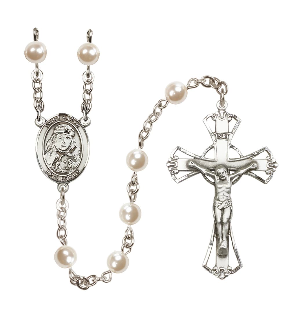 Bliss Silver Plated 6mm Cream, Imitation Pearl Saint Sarah Rosary,