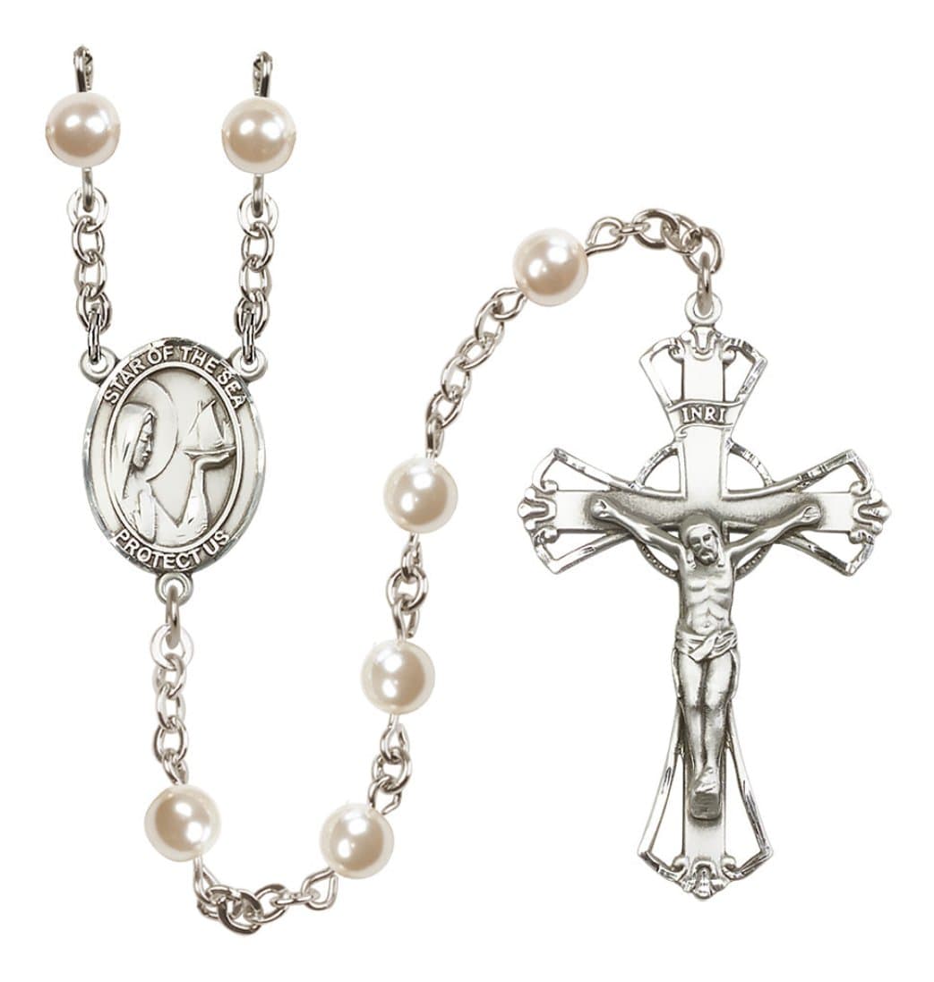 Bliss Silver Plated 6mm Cream, Imitation Pearl Our Lady Star of the Sea Rosary,