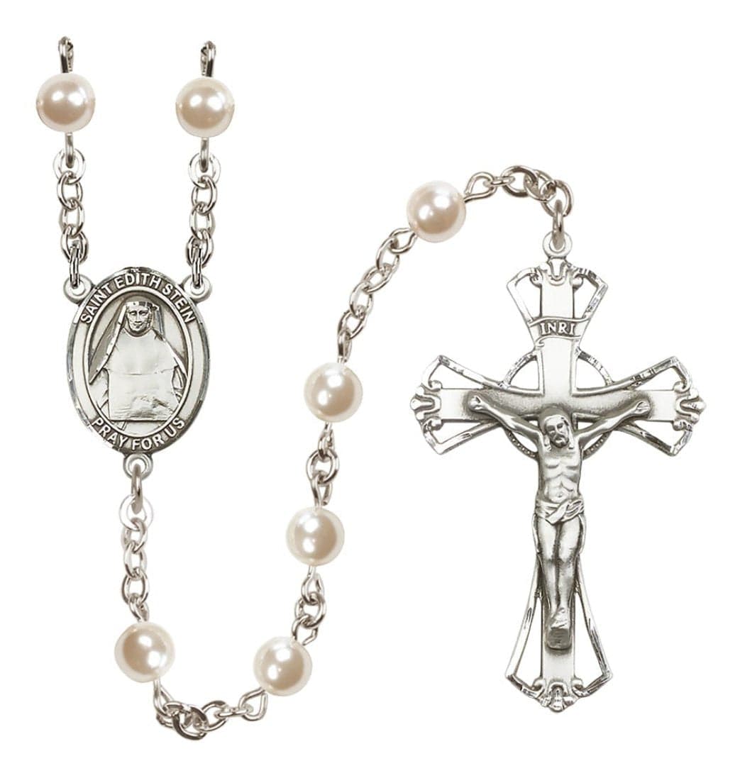 Bliss Edith Stein 6mm Faux Pearl Silver-plated Rosary,