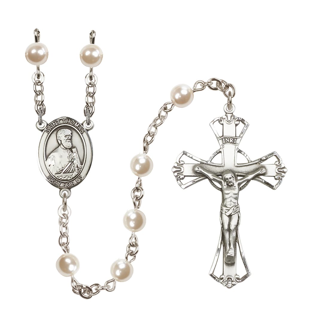 Bliss Silver Plated 6mm Cream, Imitation Pearl Saint Thomas the Apostle Rosary,