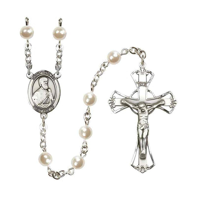 Silver Plated 6mm Cream, Imitation Pearl Saint Thomas the Apostle Rosary with Pewter Centerpiece and Crucifix, Made in USA, Bliss Manufacturing