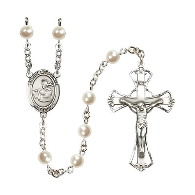 St. Thomas Aquinas 6mm Pearl Catholic Rosary with Pewter Centerpiece and Crucifix, Bliss Manufacturing