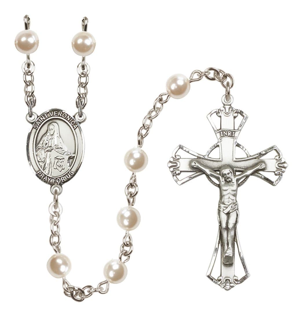 Bliss Silver Plated 6mm Cream, Imitation Pearl Saint Veronica Rosary,