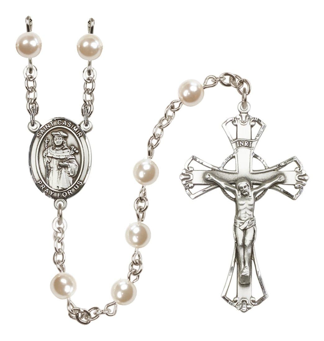 Silver Plated 6mm Cream, Imitation Pearl Saint Casimir of Poland Rosary