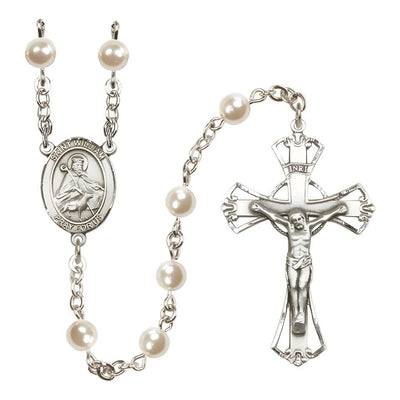 St. William of Rochester 6mm Pearl Catholic Rosary with pewter centerpiece and crucifix, handmade in the USA, Bliss Manufacturing