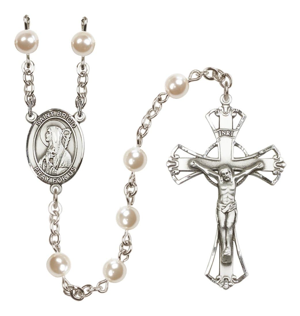 Silver Plated 6mm Cream, Imitation Pearl Saint Brigid of Ireland Rosary,