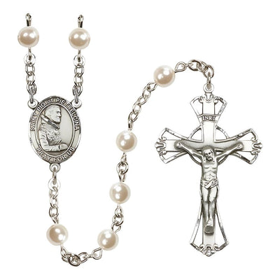 St. Pio 6mm Pearl Catholic Rosary with pewter centerpiece and crucifix, handmade in the USA, Bliss Manufacturing