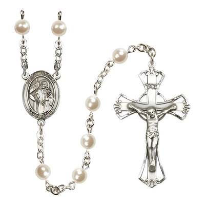 St. Ursula 6mm Pearl Catholic Rosary with Pewter Centerpiece and Crucifix, Bliss Manufacturing