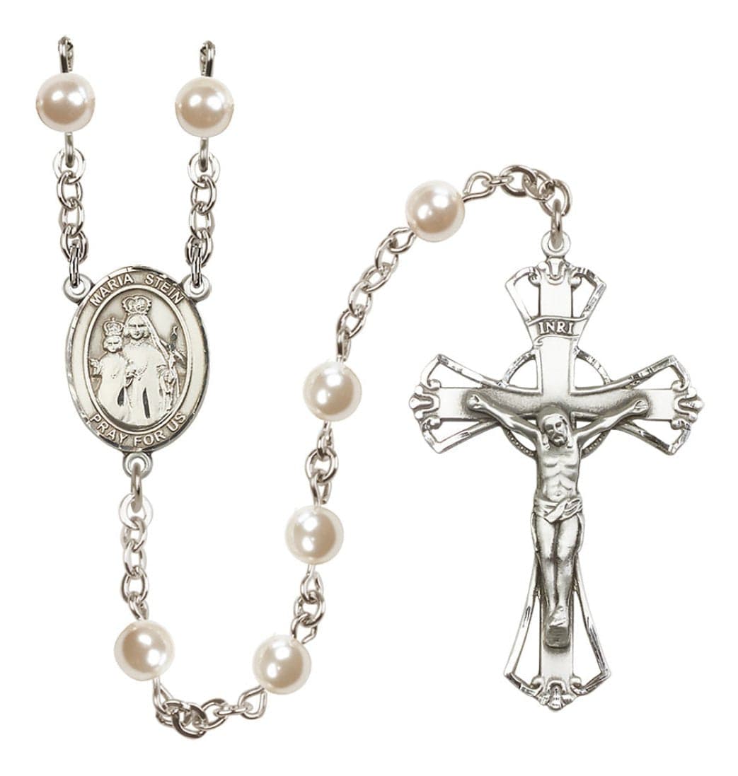 Bliss Silver Plated 6mm Cream, Imitation Pearl Maria Stein Rosary,