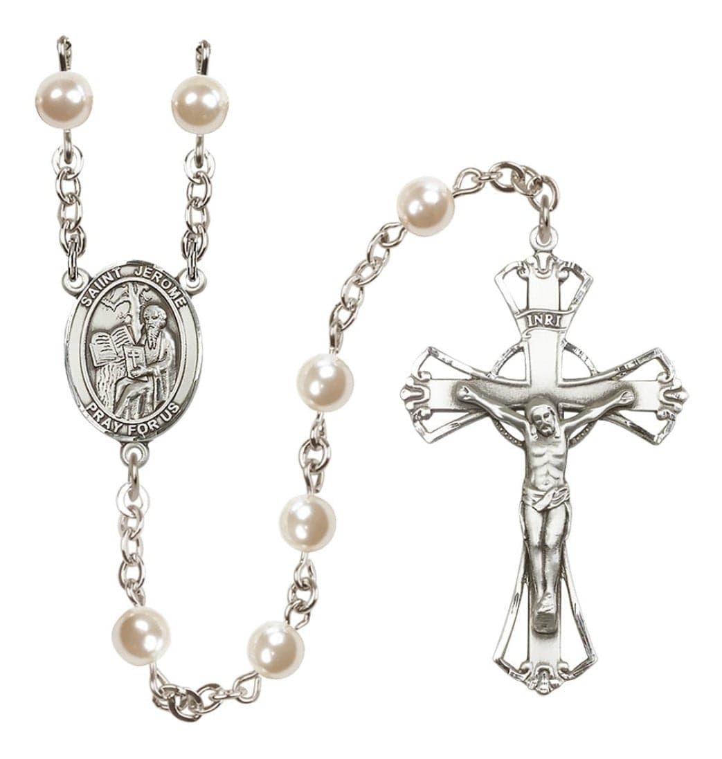 Bliss Silver Plated 6mm Cream, Imitation Pearl Saint Jerome Rosary,