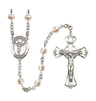 Silver Plated 6mm Cream, Imitation Pearl Saint Christopher Cheerleading Rosary with Pewter Centerpiece and Crucifix, Made in USA, Bliss Manufacturing