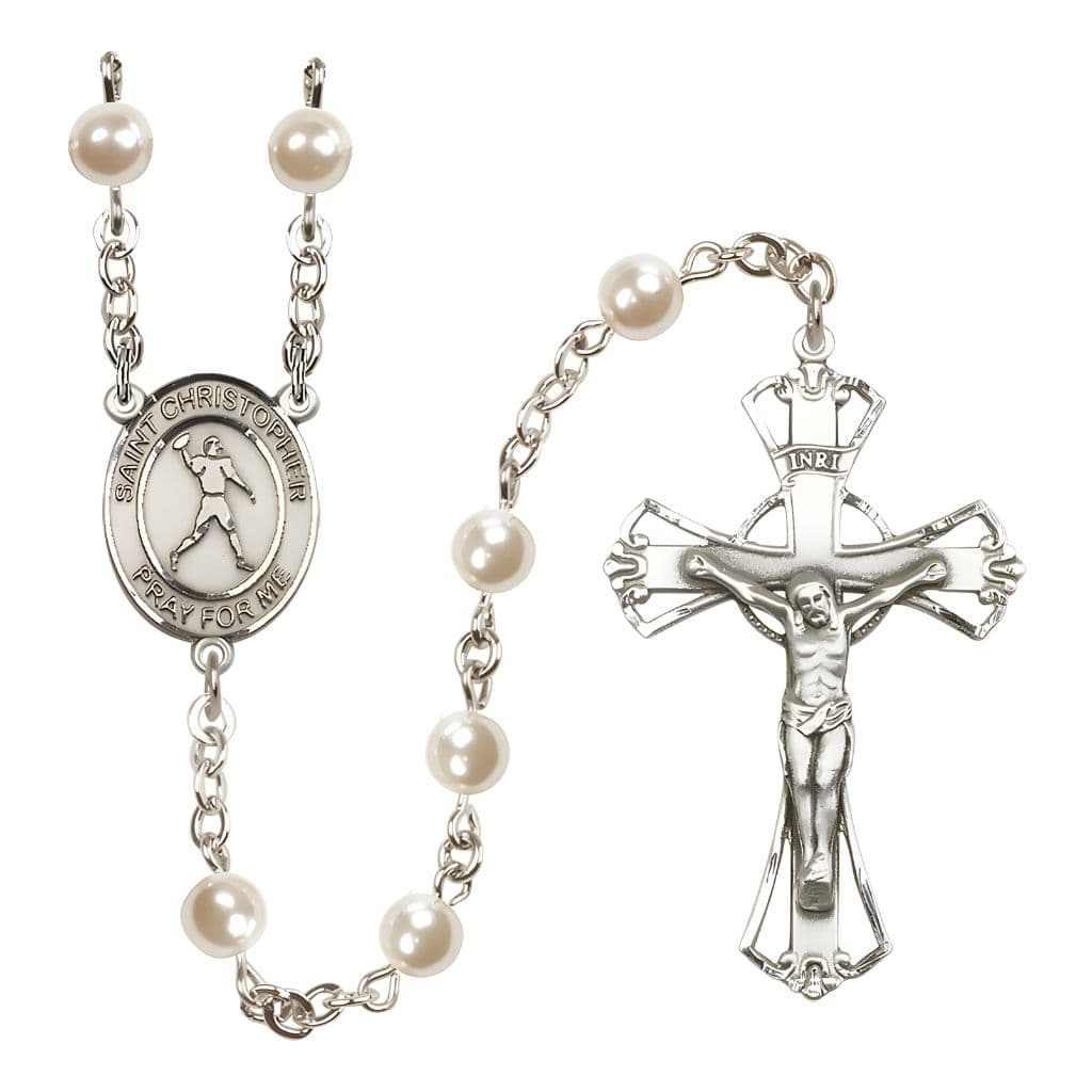 Football St. Christopher 6mm Pearl Catholic Rosary with Pewter Centerpiece and Crucifix, Made in USA by Bliss