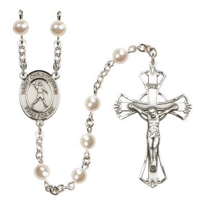 Football St. Christopher 6mm Pearl Catholic Rosary with Pewter Centerpiece and Crucifix, Bliss Manufacturing