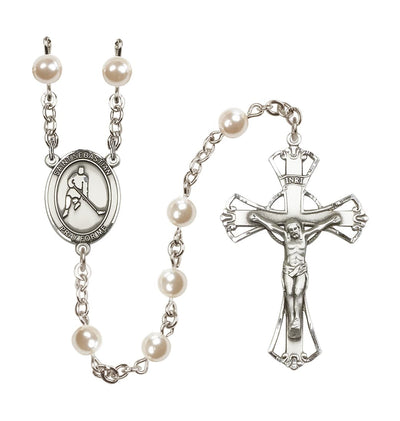 St Sebastian Ice Hockey 6mm Cream Faux Pearl Rosary with Pewter Centerpiece and Crucifix, Made in USA, Bliss Manufacturing