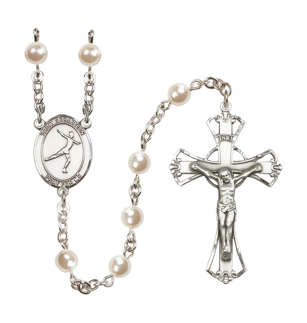 Bliss St Sebastian Figure Skating 6mm Cream Faux Pearl Rosary,