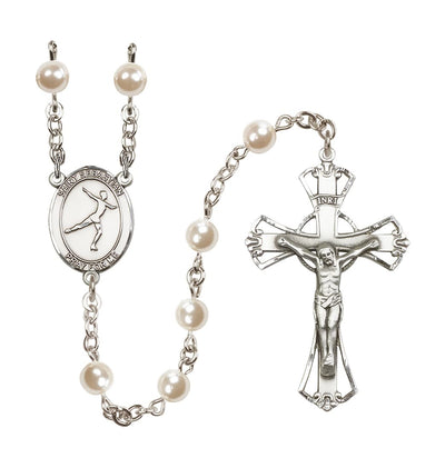 Handmade St Sebastian Figure Skating 6mm Cream Faux Pearl Rosary with Pewter Center, Bliss Manufacturing