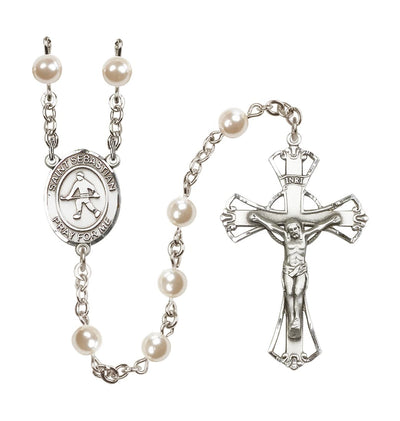 St Sebastian Field Hockey 6mm Cream Faux Pearl Rosary with Pewter Centerpiece and Crucifix, Made in USA, Bliss Manufacturing