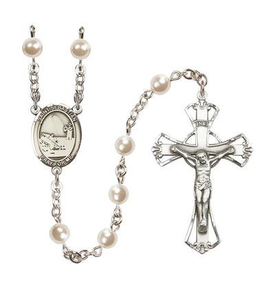 St Sebastian Fishing 6mm Cream Faux Pearl Rosary, with Pewter Centerpiece and Crucifix, Made in USA, Bliss Manufacturing