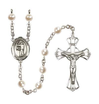 St Christopher Archery 6mm Cream Faux Pearl Rosary with Pewter Centerpiece and Crucifix, Made in USA, Bliss Manufacturing