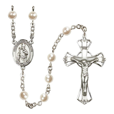 St. Augustine of Hippo 6mm Faux Pearl Catholic Rosary, Made in USA, Pewter Crucifix and Centerpiece. Made in USA, Bliss Manufacturing