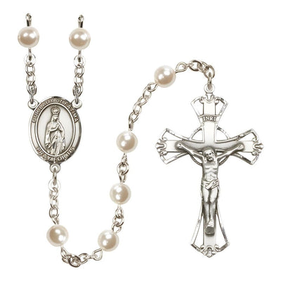 Our Lady of Fatima 6mm Pearl Silver-plated Rosary with Pewter Centerpiece and Crucifix, Bliss Manufacturing
