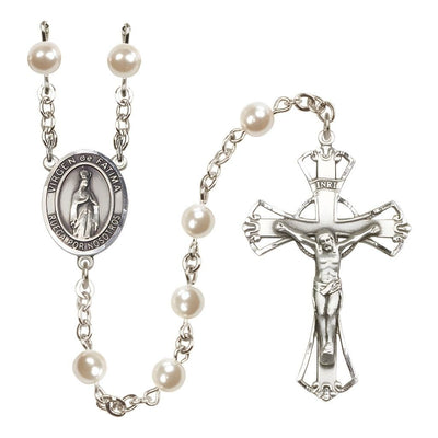 Spanish Virgen de Fatima 6mm Pearl Silver-plated Rosary with Pewter Centerpiece and Crucifix, Bliss Manufacturing