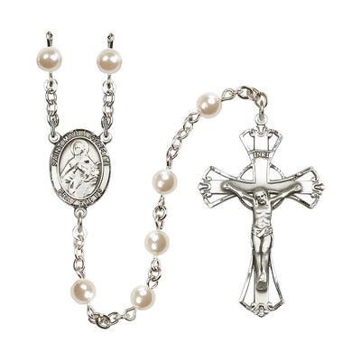 St. Maria Goretti 6mm Faux Pearl Bead Silver-plated Rosary with Pewter Centerpiece and Crucifix, Bliss Manufacturing