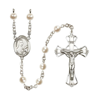 Silver Plated 6mm Cream, Imitation Pearl Saint Therese of Lisieux Rosary with Pewter Centerpiece and Crucifix, Made in USA, Bliss Manufacturing