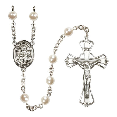 St. Germaine Cousin 6mm Pearl Silver-plated Rosary with Pewter Centerpiece and Crucifix, Made in USA by Bliss