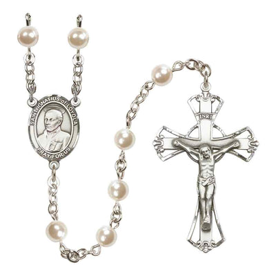Silver Plated 6mm Cream, Imitation Pearl Saint Ignatius of Loyola Rosary, Bliss Manufacturing