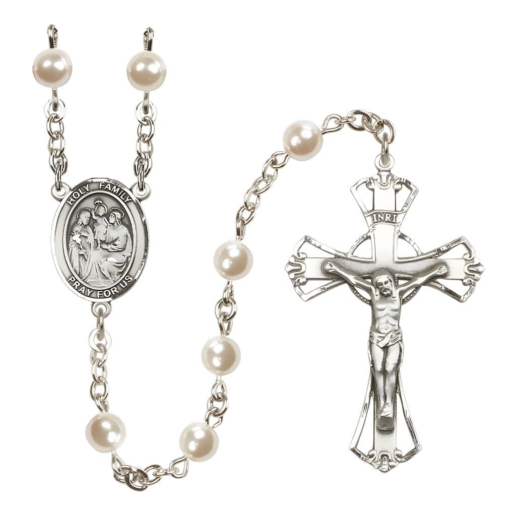 Bliss Holy Family  6mm Faux Pearl Bead Silver-Plated Catholic Rosary with Pewter Centerpiece and Crucifix
