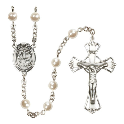 Holy Family 6mm Faux Pearl Bead Silver-Plated Catholic Rosary with Pewter Centerpiece and Crucifix, Bliss Manufacturing