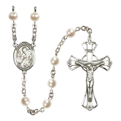 Silver Plated 6mm Cream, Imitation Pearl Saint Alphonsus Rosary, Pewter Crucifix and Centerpiece. Made in USA, Bliss Manufacturing