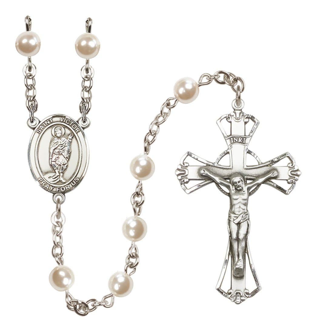 Bliss Silver Plated 6mm Cream, Imitation Pearl Saint Victor of Marseilles Rosary,