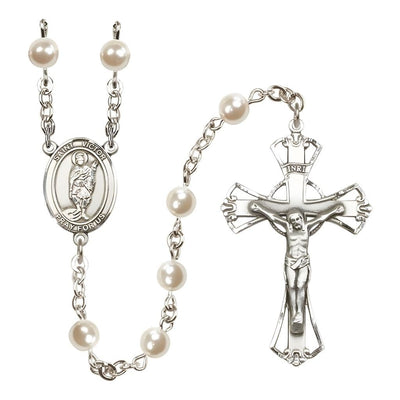 St. Victor of Marseilles 6mm Pearl Catholic Rosary with pewter centerpiece and crucifix, handmade in the USA, Bliss Manufacturing