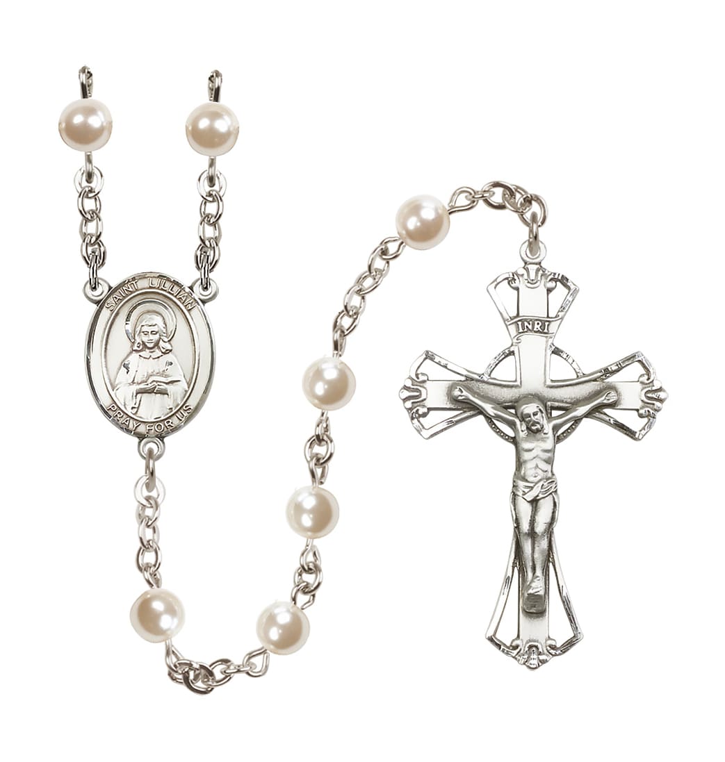 Bliss Manufacturing Silver Plated 6mm Cream, Imitation Pearl Saint Lillian Rosary,