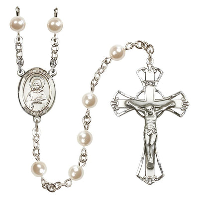 St. Lillian 6mm Faux Pearl Catholic Rosary with pewter centerpiece and crucifix, handmade in the USA, Bliss Manufacturing