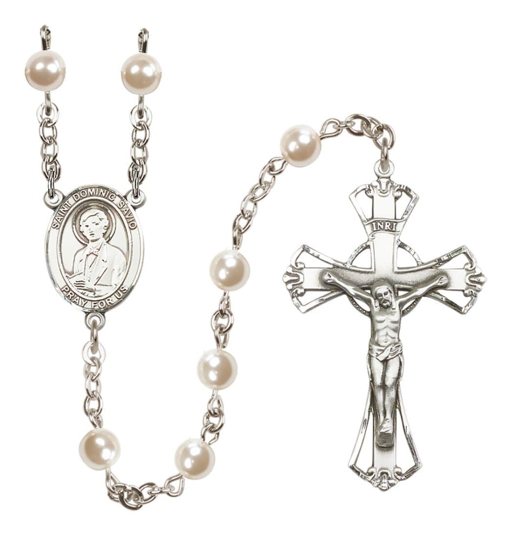 Bliss Silver Plated 6mm Cream, Imitation Pearl Saint Dominic Savio Rosary,