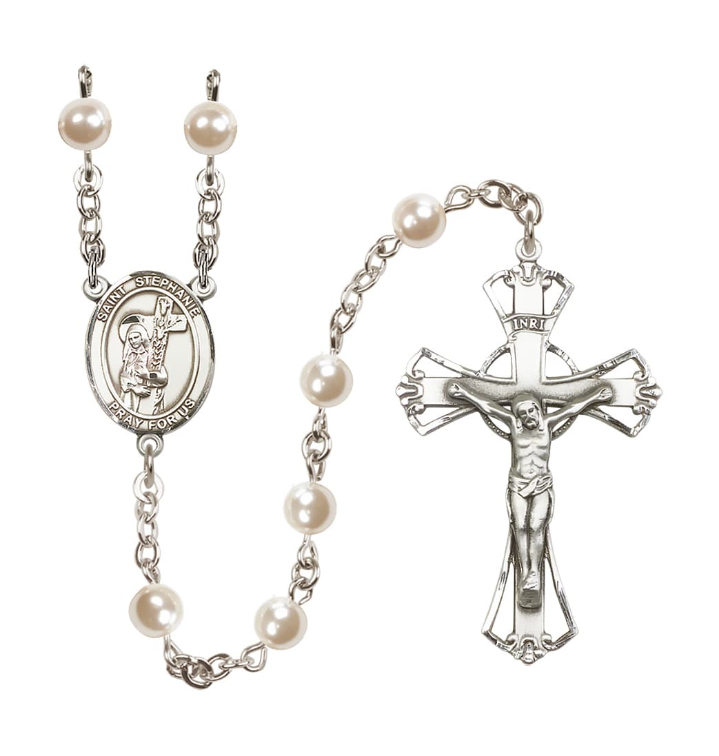 Bliss Silver Plated 6mm Cream, Imitation Pearl Saint Stephanie Rosary,