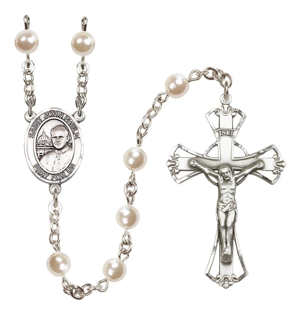 Bliss Silver Plated 6mm Cream, Imitation Pearl Saint John Paul II Rosary,